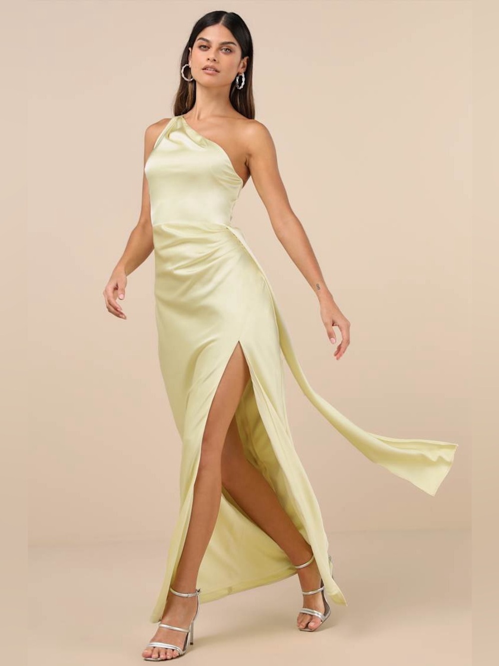 Lulu’s Signature Elegance Satin One-Shoulder Maxi Dress